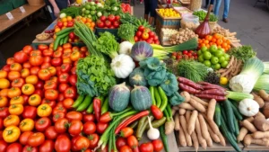 Overhead view of colorful fresh produce arranged on wooden farmers market display tables, including tomatoes, peppers, lettuce, and root vegetables in natural daylight, customers browsing in background