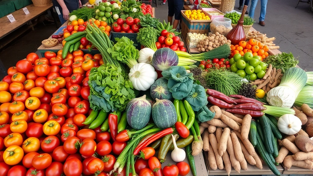 Overhead view of colorful fresh produce arranged on wooden farmers market display tables, including tomatoes, peppers, lettuce, and root vegetables in natural daylight, customers browsing in background