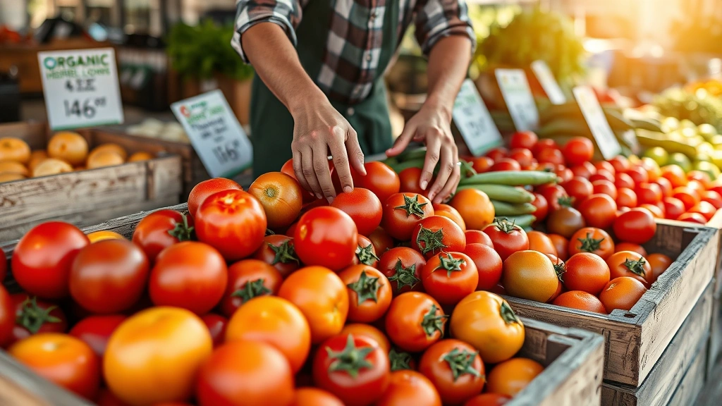 Close-up of vendor's hands arranging organic heirloom tomatoes in wooden crates at outdoor market stall, with price signs and other fresh vegetables visible, morning sunlight