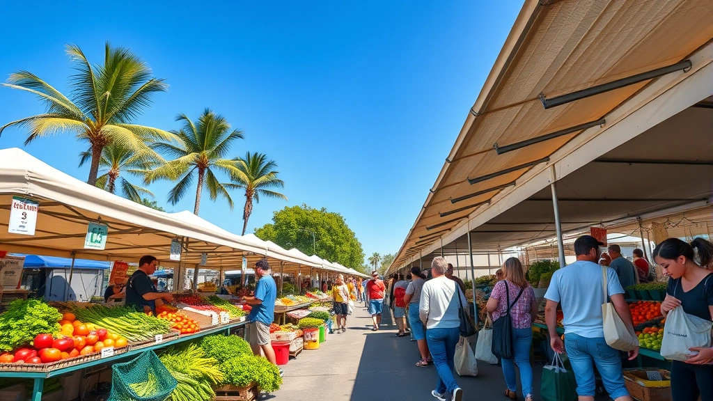 Wide shot of busy farmers market with multiple vendor booths, customers shopping with reusable bags, mix of tropical and temperate vegetables displayed, clear blue sky and market canopy structures