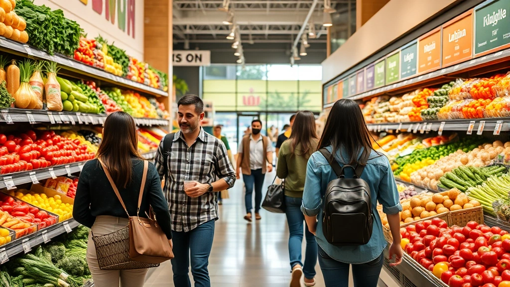 Diverse shoppers browsing fresh produce section in modern grocery store with colorful Latin American fruits and vegetables, natural lighting, realistic store environment
