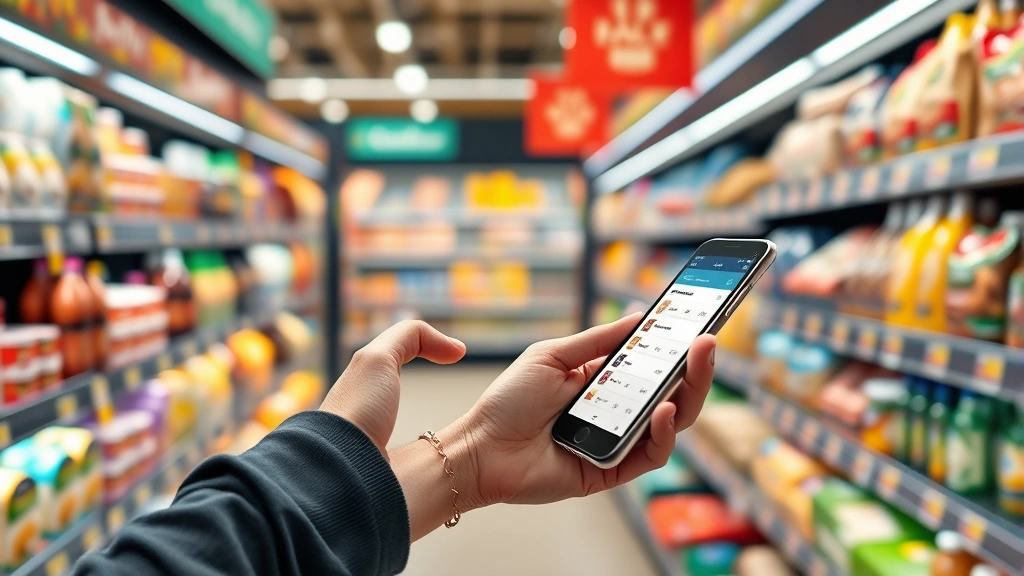Customer using smartphone with mobile app in grocery store aisle, checking product information and prices, realistic retail setting with store shelves in background