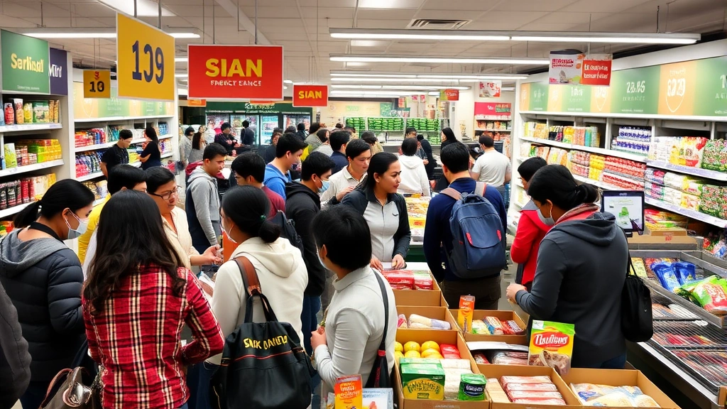 Busy grocery store checkout area with multiple customers, diverse staff assisting, product displays and promotional signage visible, authentic retail environment