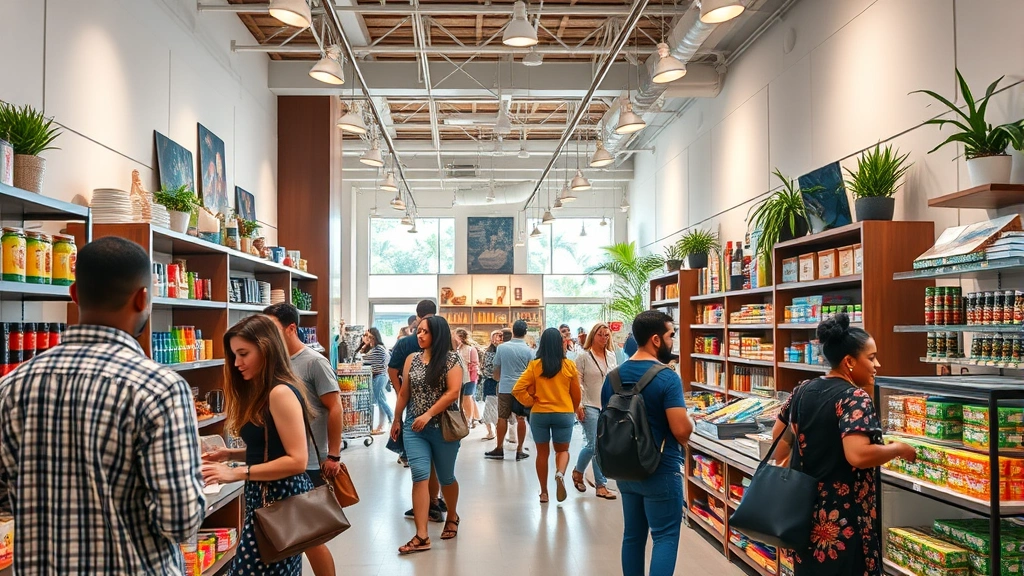Professional retail store interior in Caribbean setting with diverse customer base shopping, modern fixtures, tropical natural lighting, diverse shoppers examining products on shelves