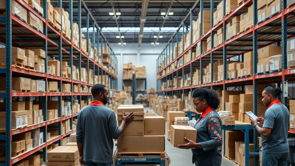 Modern fulfillment center or warehouse with organized inventory, logistics equipment, Caribbean workers managing packages and shipping materials, organized shelving systems