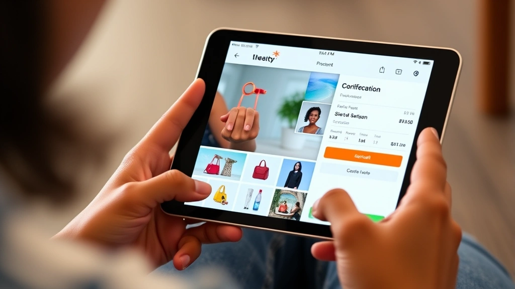 Digital commerce interface displayed on tablet and smartphone showing Caribbean retail products, consumer making online purchase, payment confirmation screen, modern e-commerce experience
