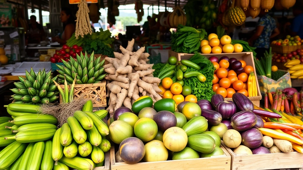 Vibrant Caribbean market produce display featuring fresh plantains, yams, dasheen, breadfruit, and colorful tropical vegetables arranged in wooden crates, natural lighting, busy market atmosphere