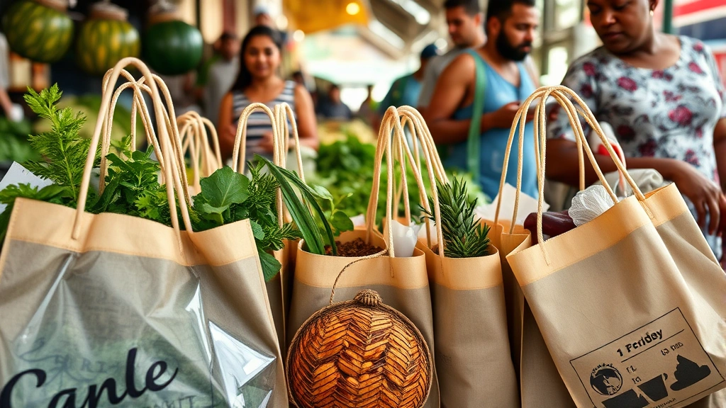 Close-up of Caribbean market shopping bags filled with fresh herbs, spices, and specialty ingredients with diverse shoppers selecting items, authentic marketplace environment