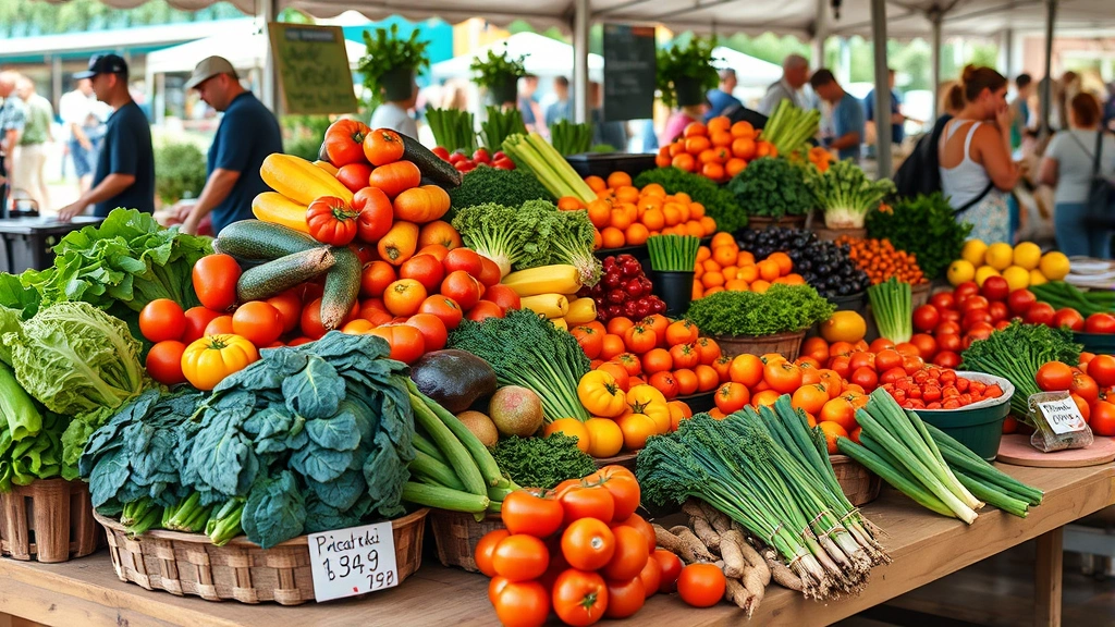 Professional farmers market vendor display with colorful fresh vegetables arranged in pyramid formations, vibrant heirloom tomatoes, leafy greens, and root vegetables on wooden table, organized signage with prices, natural morning light, busy weekend market atmosphere, real customers browsing in soft focus background
