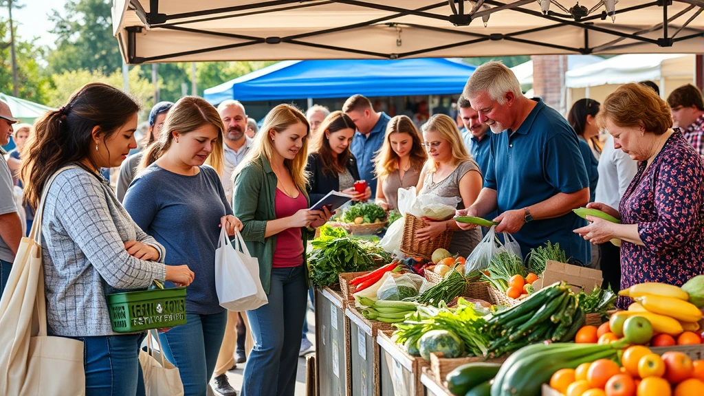 Diverse group of Cedar Rapids shoppers selecting fresh produce at farmers market stall, holding shopping bags and baskets, examining vegetables and fruits closely, vendor interaction, community members of different ages, natural outdoor market setting with tent canopy, sunlit morning scene, authentic market energy