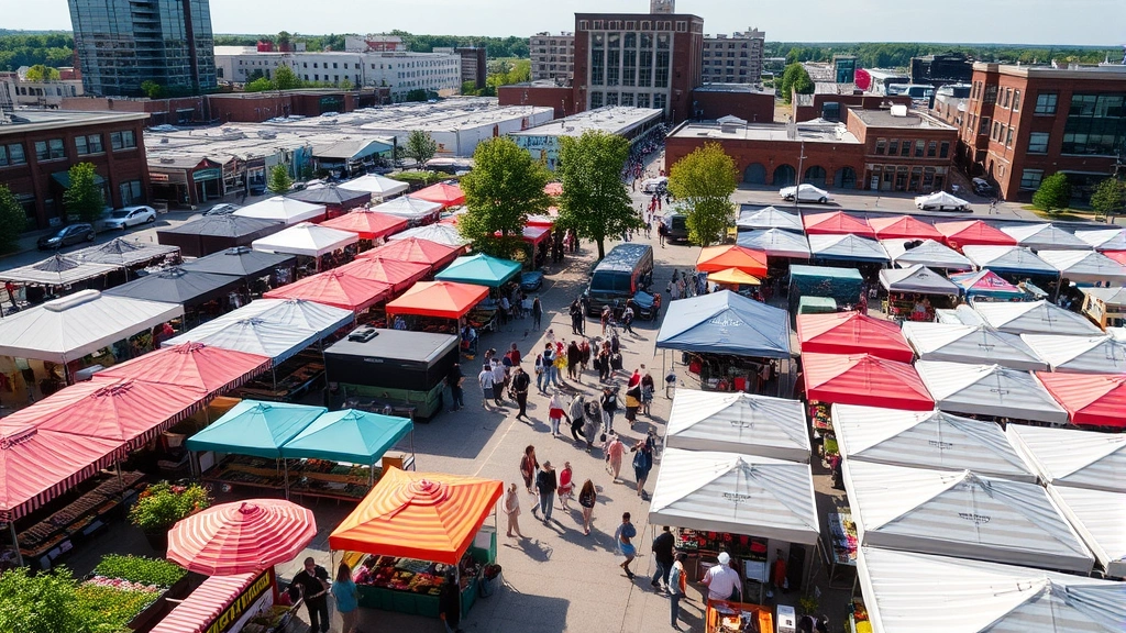 Aerial view of bustling Cedar Rapids farmers market in downtown location, multiple vendor booths with colorful umbrellas and displays, customers walking between stands, fresh produce and artisan products visible, vibrant community gathering space, natural daylight, showing market scale and activity level