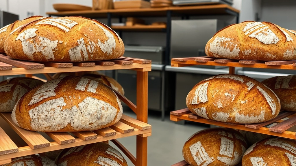 Artisanal sourdough bread cooling on wooden racks in a professional bakery kitchen, showing rustic loaves with scored surfaces and golden-brown crust, representing specialty bakery craftsmanship and quality production standards