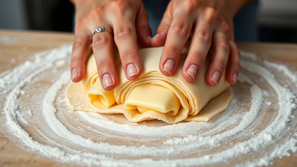 Close-up of hands laminating croissant dough with visible butter layers, demonstrating precision bakery techniques and artisanal production methods in specialty food manufacturing