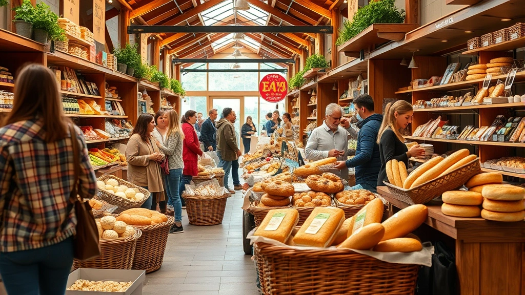Vibrant farmer's market or food hall scene with customers browsing fresh bakery products displayed in wicker baskets and wooden shelves, showing community shopping experience and marketplace retail environment