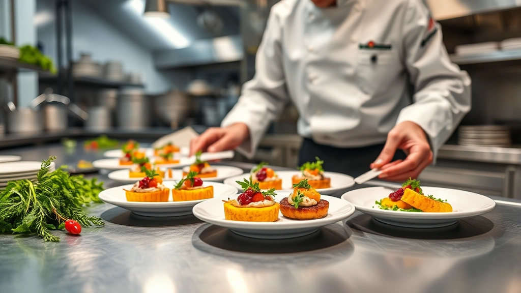 Professional chef plating gourmet appetizers in modern commercial kitchen, fresh herbs and colorful garnishes, stainless steel counters, natural lighting, high-end culinary presentation