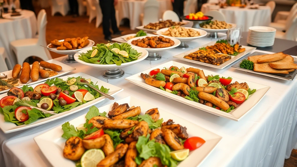 Elegant catering spread with multiple serving platters including fresh salads, grilled proteins, roasted vegetables, artisanal breads, and garnishes arranged on white tablecloths at event venue