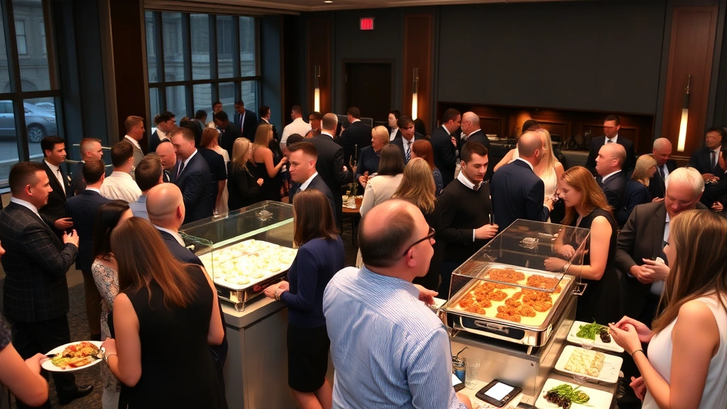 Diverse group of professionals networking at corporate event with catered food stations visible, cocktail tables with appetizers, guests mingling in upscale venue setting, warm ambient lighting
