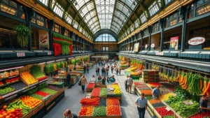 Wide overhead view of Central Market Hall Budapest showing colorful produce stalls, fresh vegetables in wooden crates, hanging herbs and paprika displays, bustling shoppers moving between vendor stands, natural morning light streaming through the ornate glass ceiling, vibrant reds and greens of fresh produce