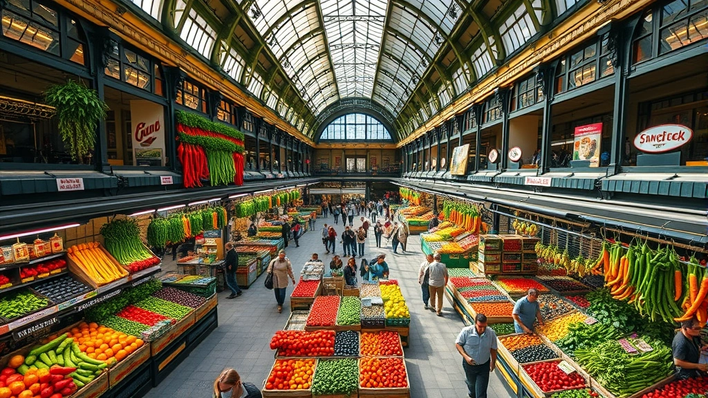 Wide overhead view of Central Market Hall Budapest showing colorful produce stalls, fresh vegetables in wooden crates, hanging herbs and paprika displays, bustling shoppers moving between vendor stands, natural morning light streaming through the ornate glass ceiling, vibrant reds and greens of fresh produce