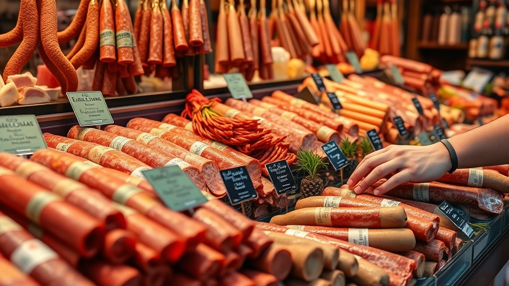 Close-up detail shot of Hungarian market vendor arranging fresh salami, cured meats, and traditional sausages on display counter, hands selecting premium products, product labels visible, warm lighting highlighting product textures and quality, authentic butcher shop atmosphere