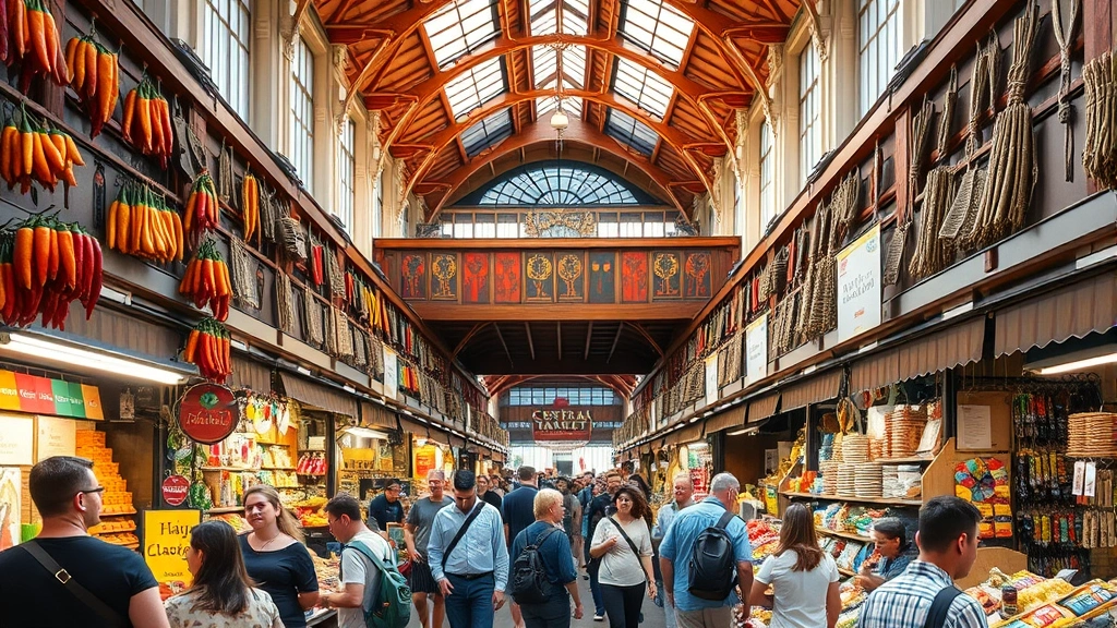 Interior perspective of Central Market Hall showing vendor stalls with tourists and locals shopping, traditional crafts and souvenirs displayed on upper level shelves, hanging paprika and dried herbs, wooden signage, diverse merchandise categories visible, authentic marketplace energy and activity