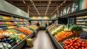 Upscale grocery store produce section with vibrant fresh vegetables and fruits arranged in professional displays, natural lighting, customers browsing, premium retail environment