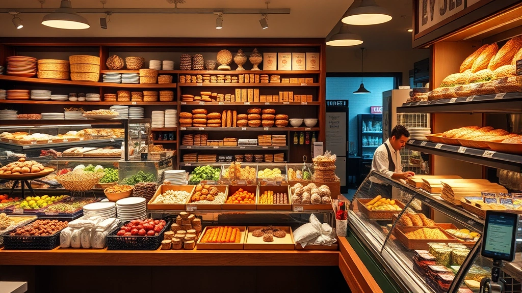 Specialty grocery deli counter with prepared foods, rotisserie items, and artisanal selections behind glass cases, professional food service setup, warm ambient lighting