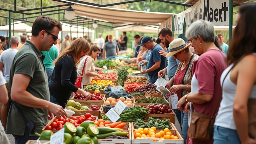 Community farmers market gathering with diverse shoppers selecting fresh local produce from vendor stalls, natural outdoor setting, authentic community interaction