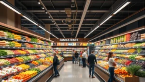Upscale grocery store interior with fresh produce displays, organized shelving, professional lighting, customers shopping, bright and clean environment, modern retail design, premium market aesthetic
