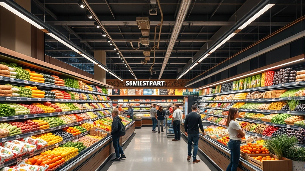 Upscale grocery store interior with fresh produce displays, organized shelving, professional lighting, customers shopping, bright and clean environment, modern retail design, premium market aesthetic