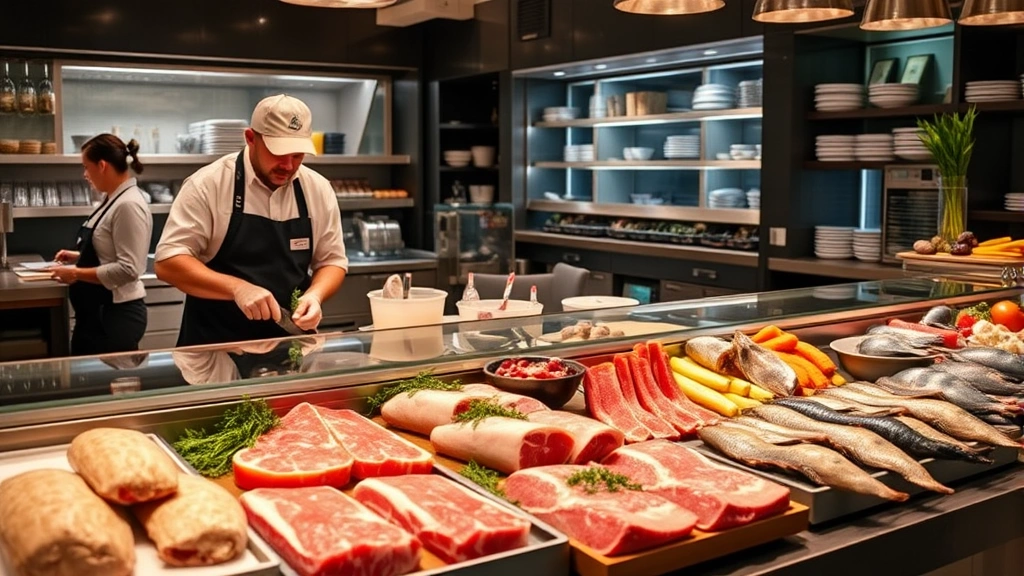 Professional butcher and seafood counter with trained staff preparing premium meats and fresh seafood, glass display cases, professional presentation, customer service interaction, high-quality ingredients