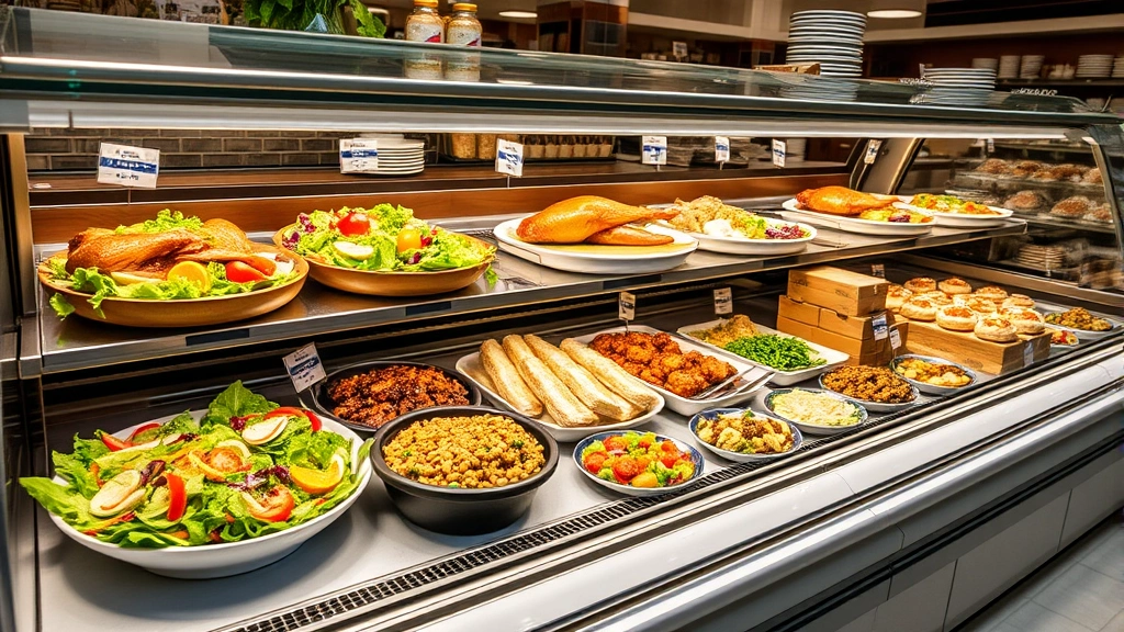 Gourmet prepared foods display case showing fresh salads, rotisserie items, specialty dishes, bakery items, and catered food presentations in an upscale grocery setting
