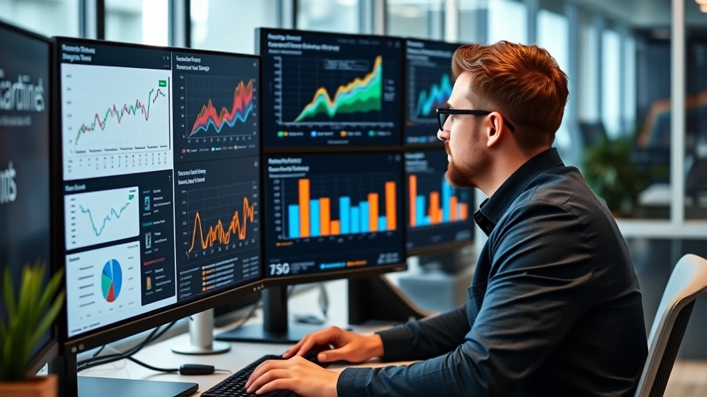 Professional data analyst reviewing marketing attribution dashboard on multiple monitors showing conversion funnels and customer journey visualizations in modern office environment