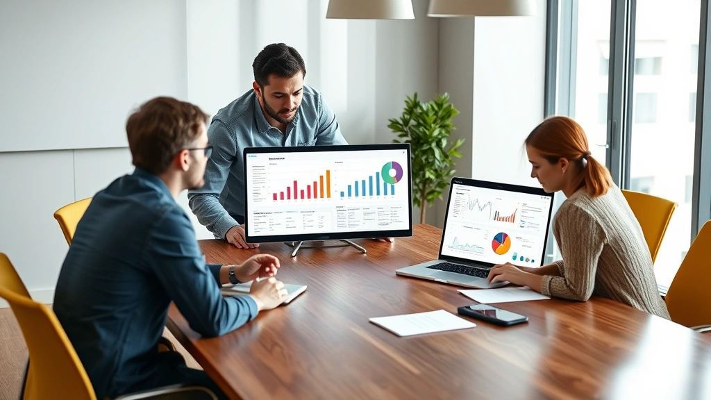 E-commerce team collaborating around conference table with laptop displaying integrated marketing analytics platform, charts, and cross-channel data integration diagrams