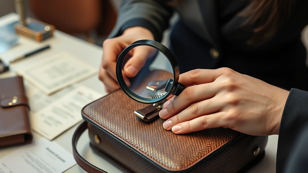 Close-up of vendor hands examining vintage designer handbag with magnifying glass, authentication documents visible on table, professional appraisal setting with neutral background, detailed craftsmanship visible on leather goods