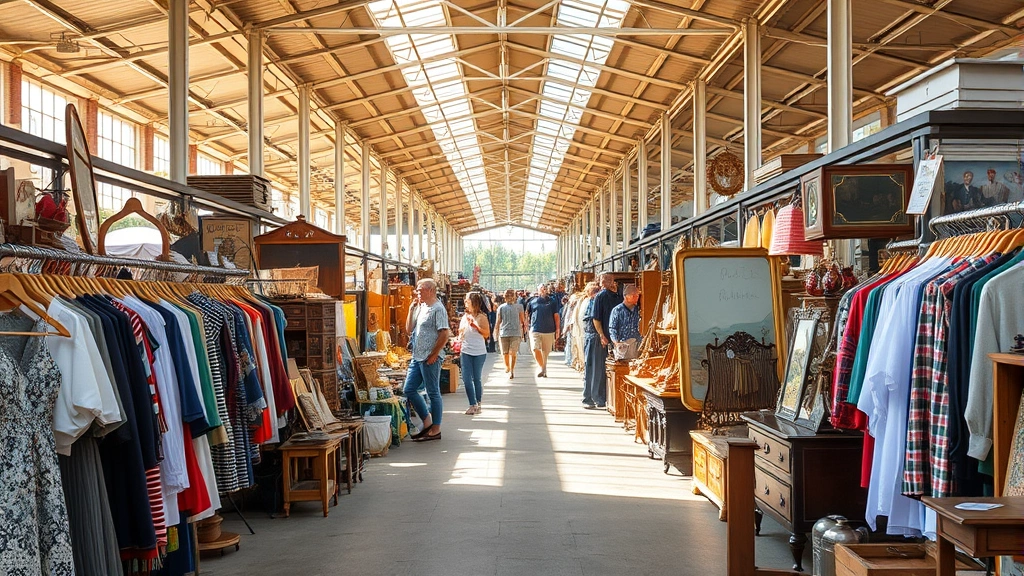 Wide market aisle scene showing multiple vendor booths with diverse inventory including vintage clothing racks, antique furniture, collectibles, customers browsing, natural weekend morning light filtering through market space, bustling commerce atmosphere
