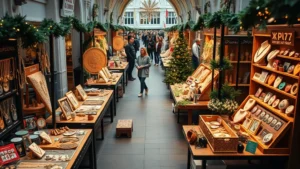 Professional overhead shot of upscale holiday market vendor booths displaying artisanal jewelry, home décor, and gift items on wooden tables with ambient holiday lighting, shoppers browsing in background, soft-focus bokeh, natural daylight, commerce environment
