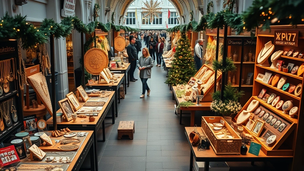Professional overhead shot of upscale holiday market vendor booths displaying artisanal jewelry, home décor, and gift items on wooden tables with ambient holiday lighting, shoppers browsing in background, soft-focus bokeh, natural daylight, commerce environment