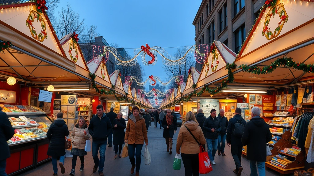Wide panoramic view of bustling holiday market street scene with multiple vendor tents, festive decorations, seasonal lighting, shoppers with shopping bags walking between booths, urban retail setting, daytime commerce activity, professional market atmosphere