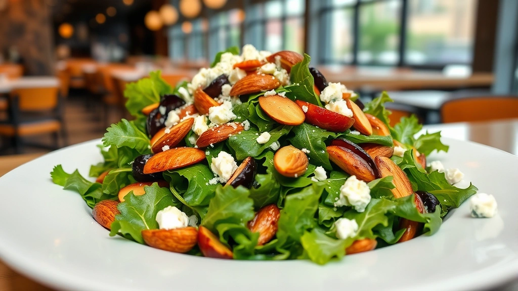 Professional food photography of fresh mixed greens salad with roasted vegetables, almonds, and blue cheese crumbles on white plate in modern restaurant setting, natural lighting, vibrant colors