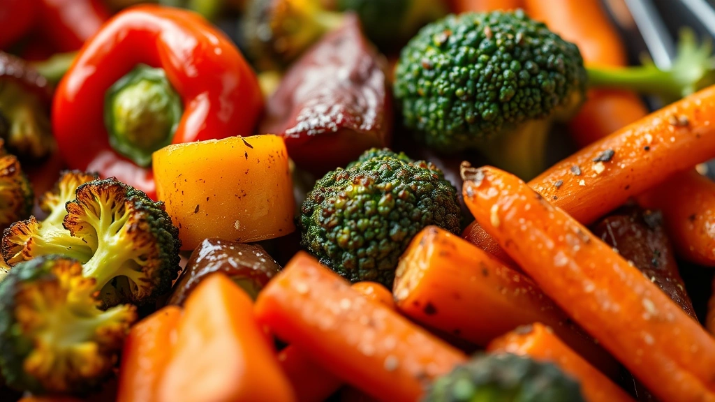 Close-up detailed shot of colorful roasted vegetables including red peppers, broccoli florets, and carrots arranged artfully, studio lighting, shallow depth of field, emphasizing freshness and texture