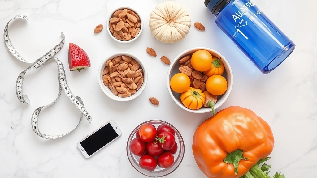 Overhead flat lay composition of nutritional information elements: measuring tape, fresh produce variety, almonds, water bottle, and wellness tracking device on marble surface, clean minimalist styling