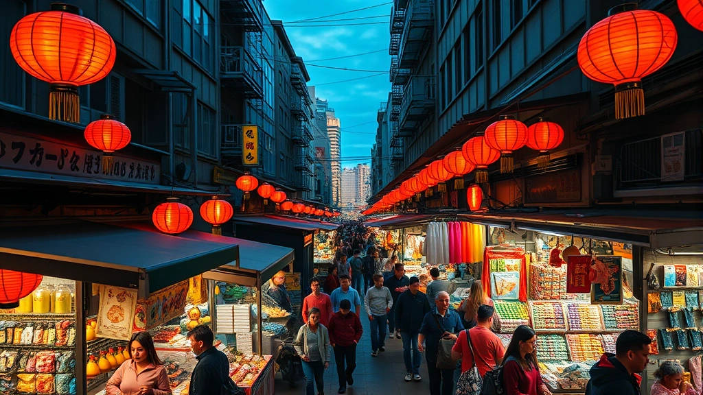 Vibrant overhead shot of a crowded night market in Chinatown with multiple vendor stalls displaying colorful merchandise, lanterns, and people shopping under warm evening lighting, photorealistic street photography style