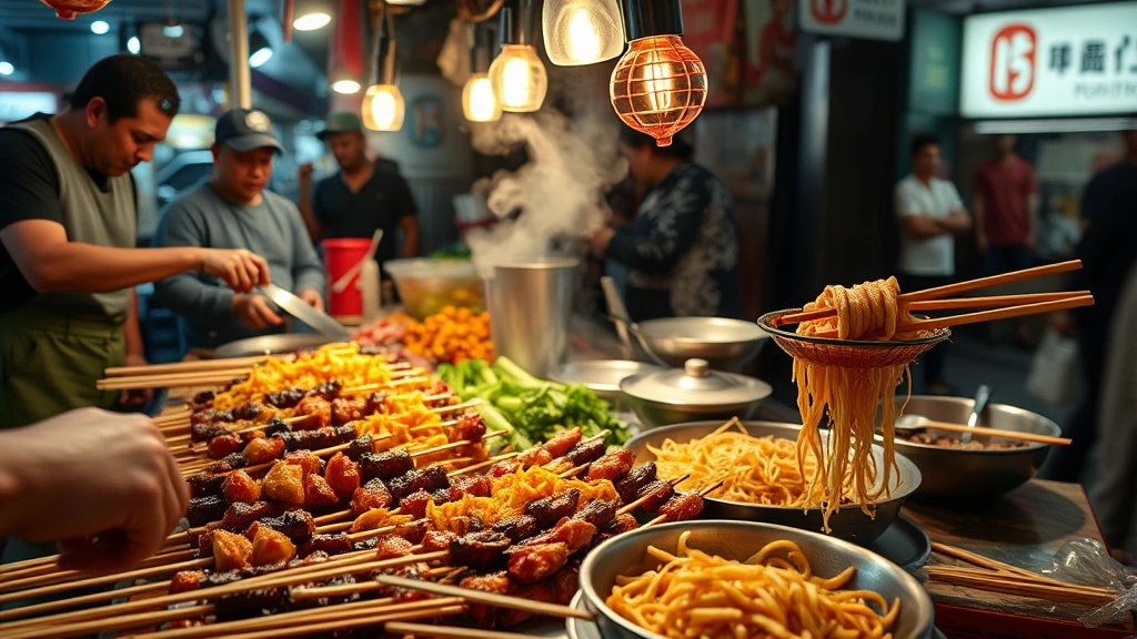 Close-up of diverse street food vendors preparing fresh grilled skewers and noodles at a busy night market stall with steam rising, showing preparation techniques and fresh ingredients, professional food photography