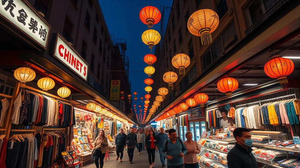 Wide angle evening scene of a bustling Chinatown night market corridor with illuminated vendor booths, hanging lanterns, diverse merchandise displays including textiles and crafts, and crowds of shoppers navigating the venue