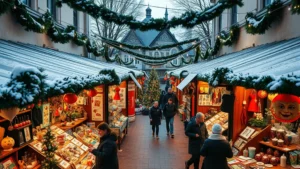 Overhead view of outdoor Christmas market with vendor booths displaying handmade crafts, ornaments, and holiday decorations, shoppers browsing between stalls, festive string lights and garland overhead, winter afternoon lighting, authentic holiday market atmosphere without visible text or signage