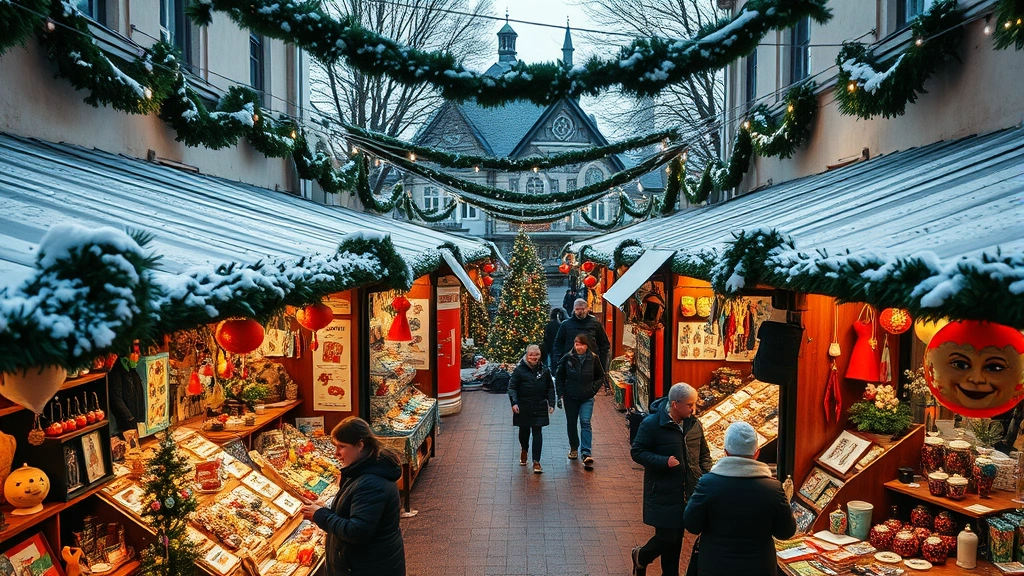 Overhead view of outdoor Christmas market with vendor booths displaying handmade crafts, ornaments, and holiday decorations, shoppers browsing between stalls, festive string lights and garland overhead, winter afternoon lighting, authentic holiday market atmosphere without visible text or signage