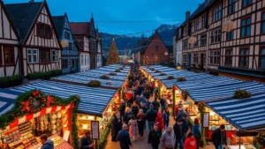 Overhead view of crowded European-style holiday market with vendor booths, colorful decorations, and shoppers browsing handcrafted items under warm string lights
