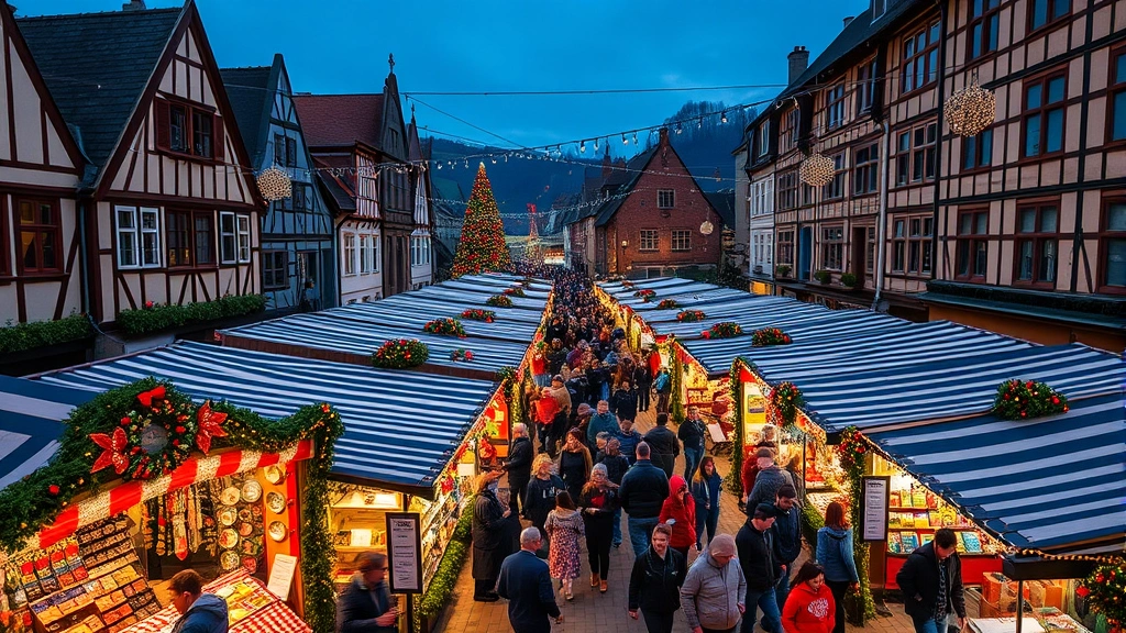 Overhead view of crowded European-style holiday market with vendor booths, colorful decorations, and shoppers browsing handcrafted items under warm string lights