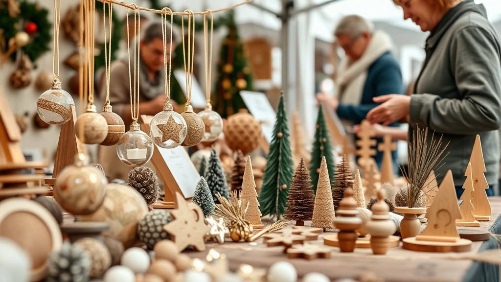 Close-up of artisan displaying handmade ornaments and wooden decorative items on market booth table, with customer examining products